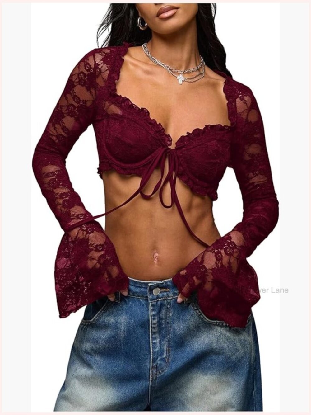 Sheer Lace Crop Top Long Bell Sleeve Tie Front Blouse